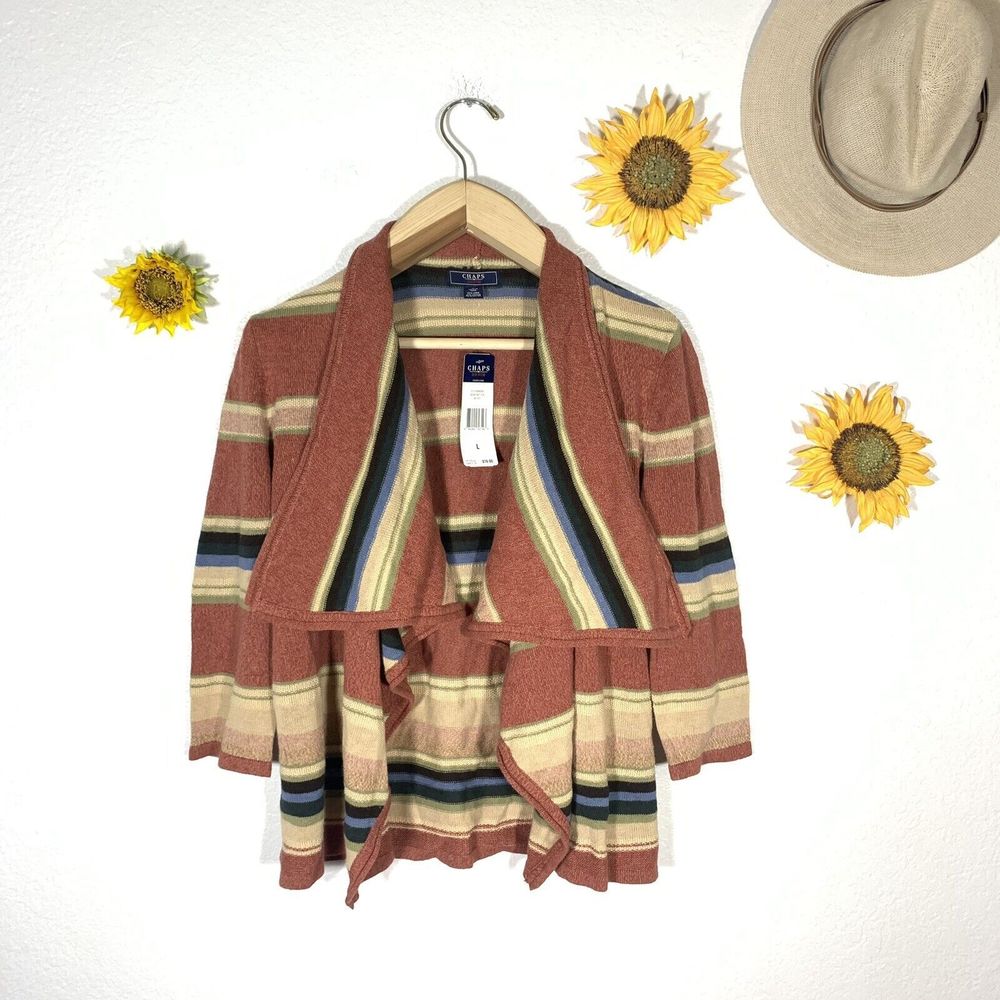 Chaps Striped Linen Cotton Boho Hippy Open Cardigan Sweater Size Large Women NWT